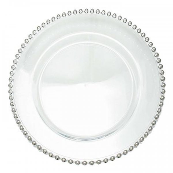 Beaded Silver Clear Glass Charger for Rent